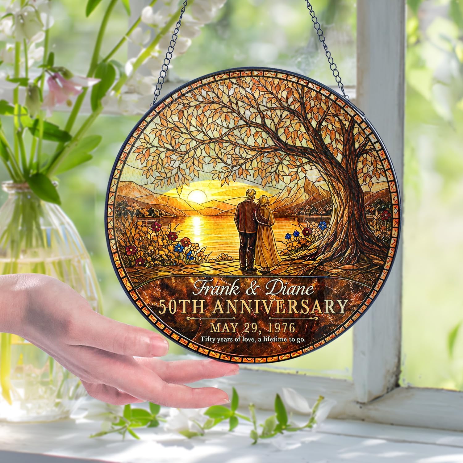 Personalized 50th Anniversary Golden Wedding Glass Suncatcher - Image 3