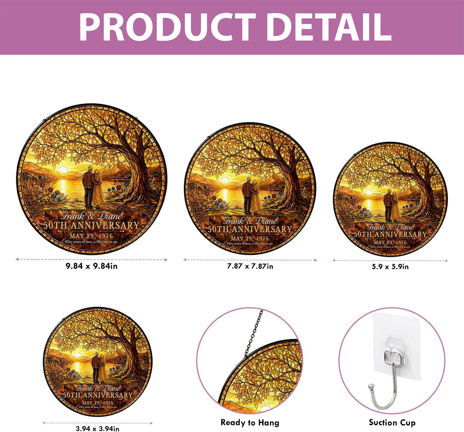 Personalized 50th Anniversary Golden Wedding Glass Suncatcher - Image 8