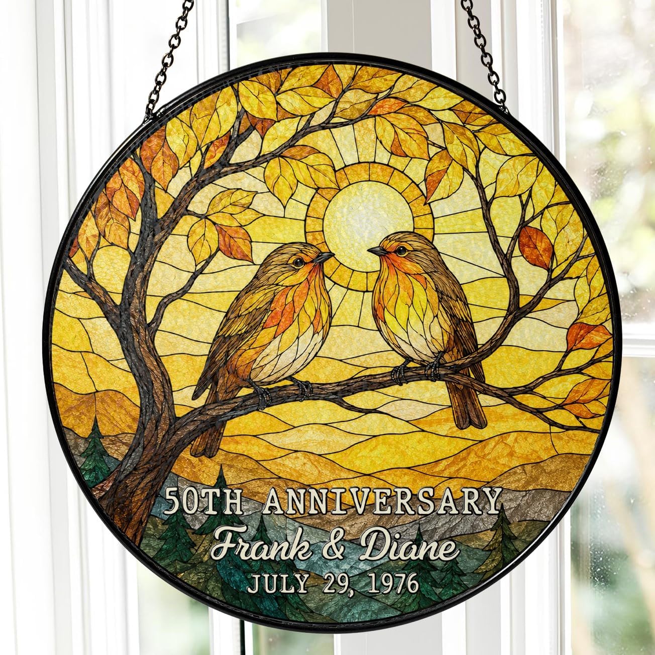 Personalized 50th Anniversary Couple Bird Glass Suncatcher