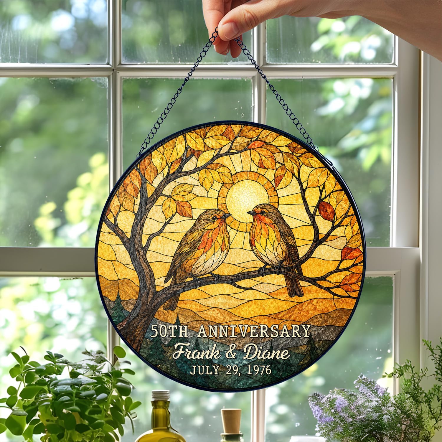 Personalized 50th Anniversary Couple Bird Glass Suncatcher - Image 2