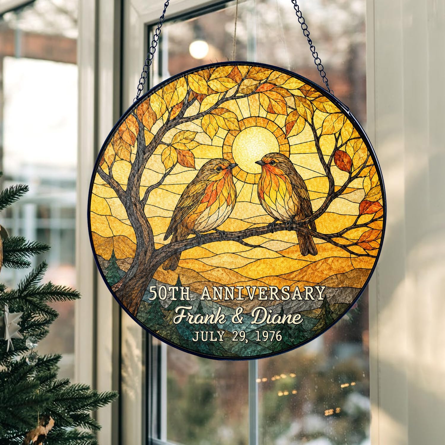 Personalized 50th Anniversary Couple Bird Glass Suncatcher - Image 3