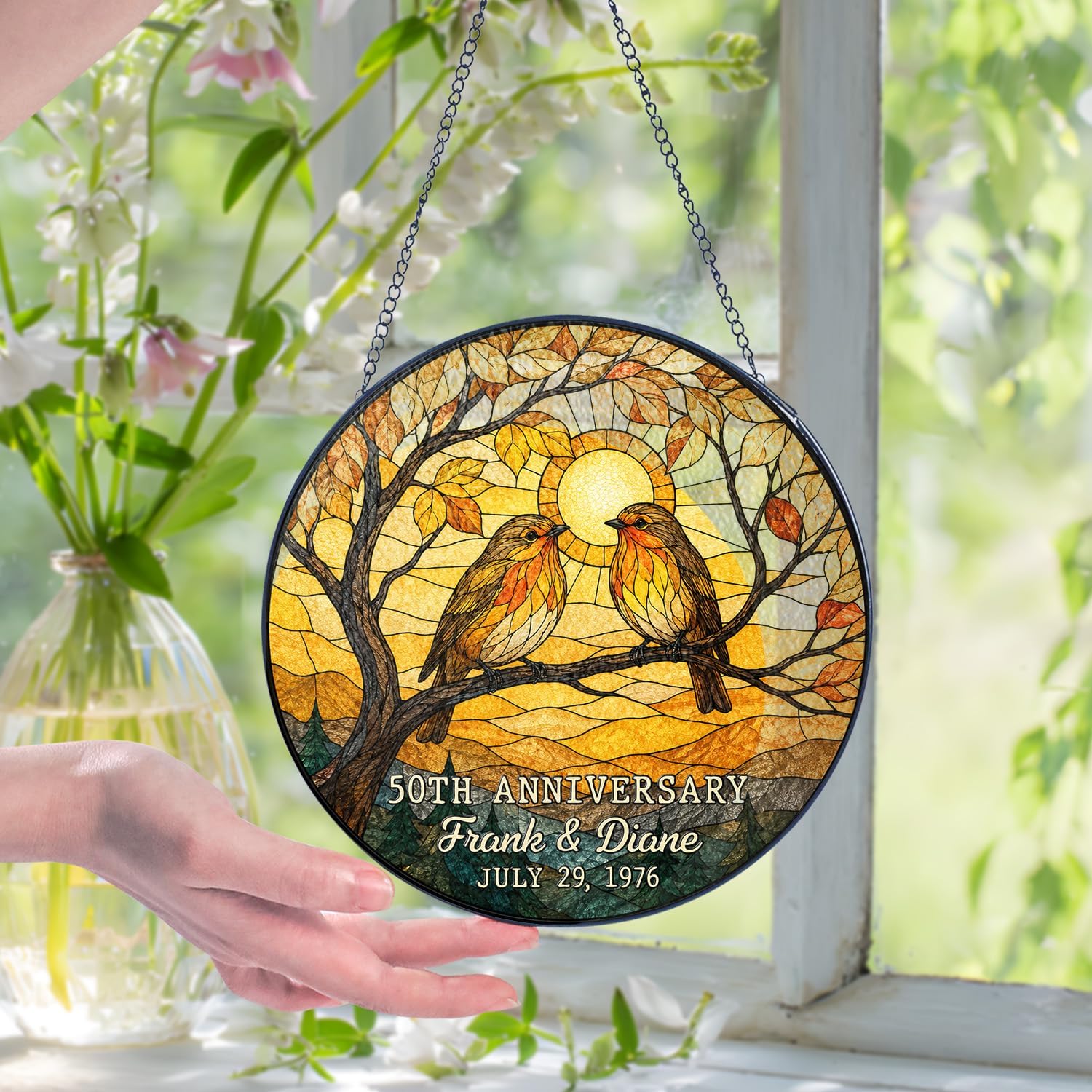 Personalized 50th Anniversary Couple Bird Glass Suncatcher - Image 6