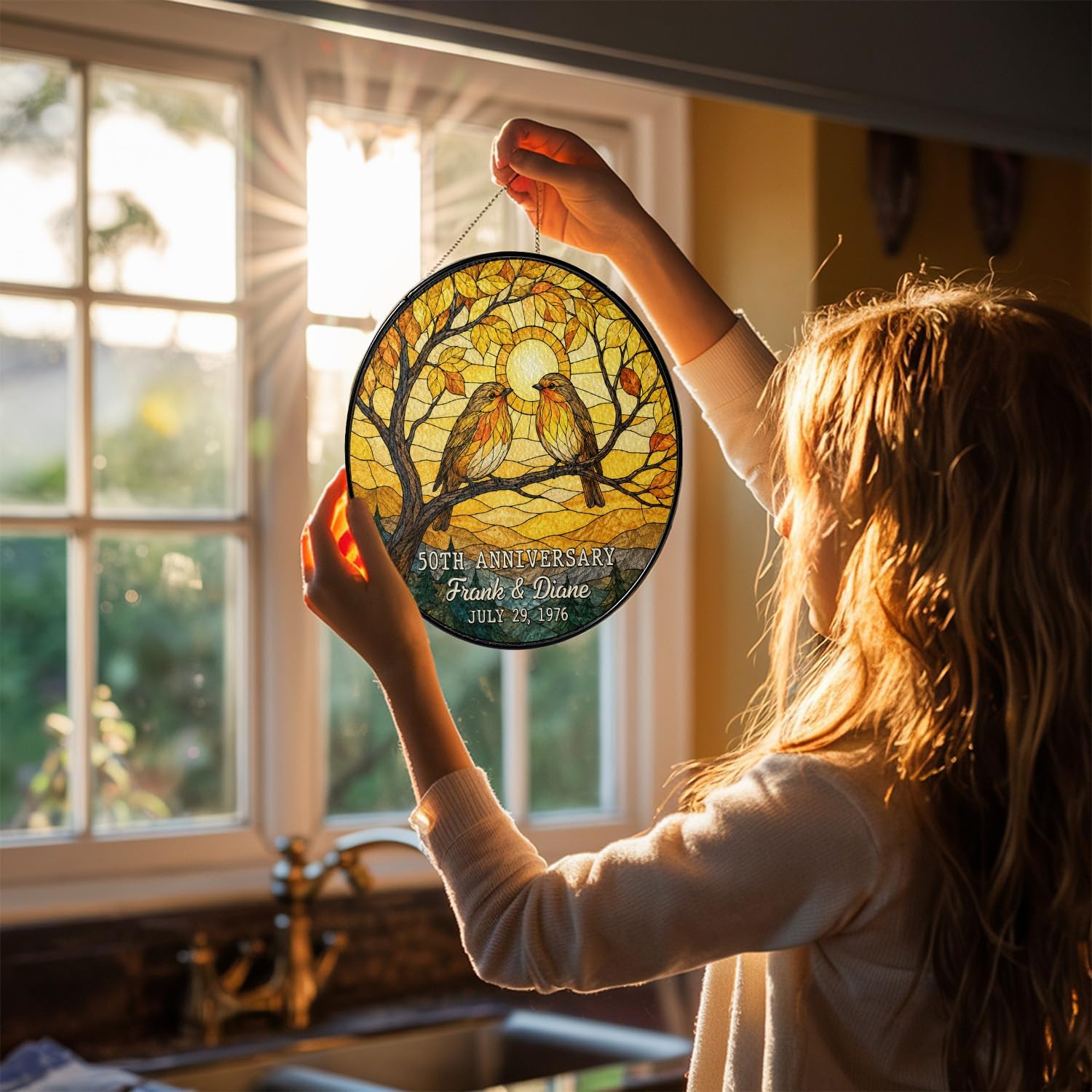 Personalized 50th Anniversary Couple Bird Glass Suncatcher - Image 7